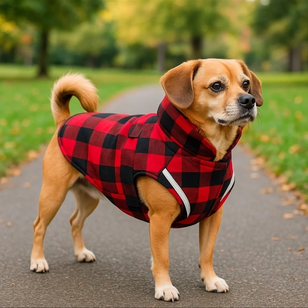 RC Pets Buffalo Plaid Medium Dog Jacket Reflective Trim Red Black Cozy Coat